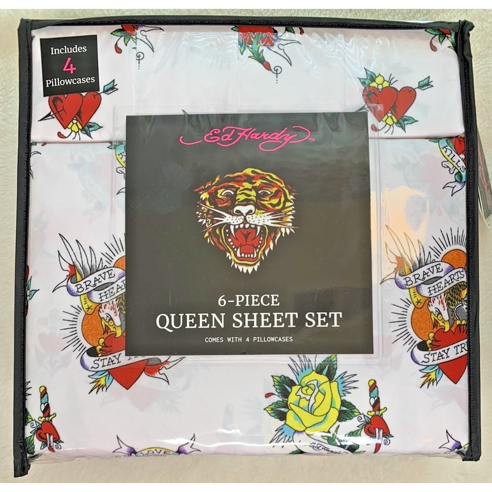 Ed Hardy Queen Sheet Set Includes 4 Pillowcases-Skulls Hearts Roses Brave Love